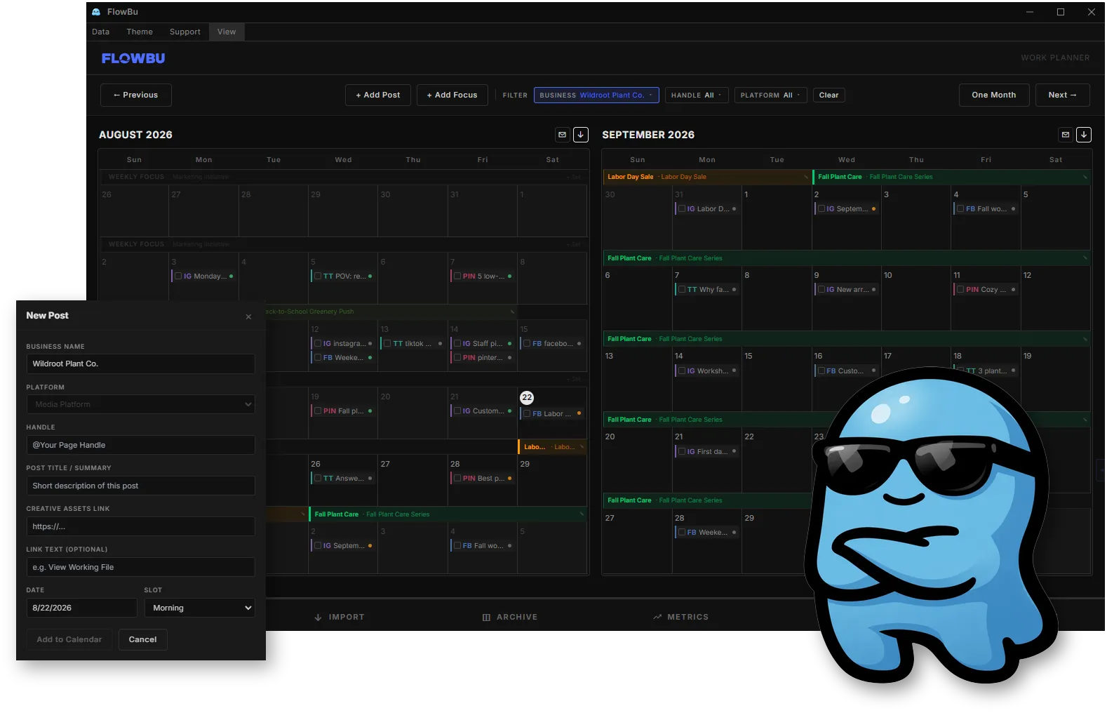 FlowBu calendar view showing a two-month content calendar with weekly themes, platform-tagged posts, and business filtering