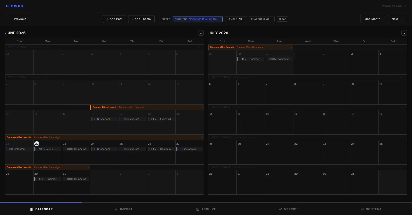 FlowBu two-month calendar view with weekly campaign themes and color-coded platform posts
